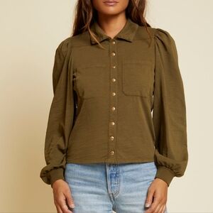 Nation LTD Desta Femme Top Long Puff Sleeves Collared Button Down Shirt XL Green